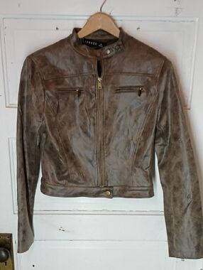 Lioness Distressed Faux Brown Leather Moto Jacket